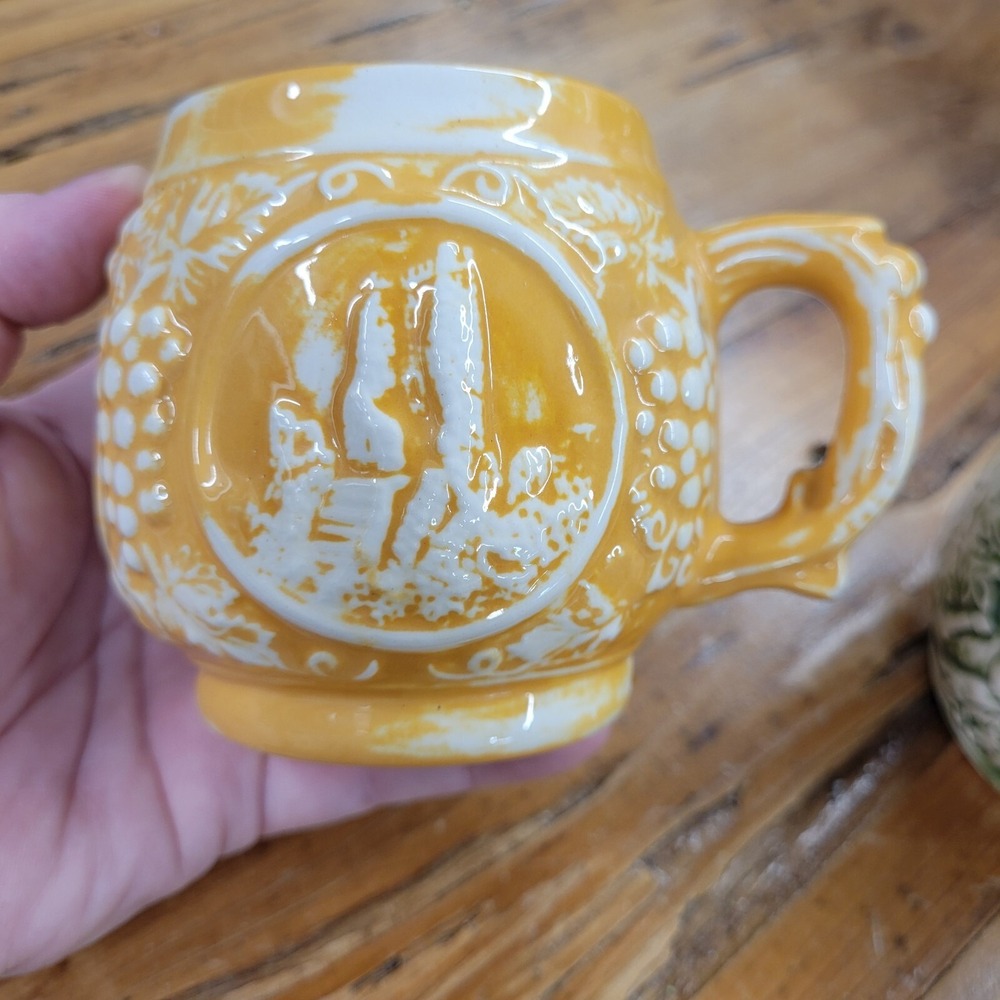 Set of 2 Vintage Mugs Green & Yellow Glazed Unique Relief Cups Signed 1970s - Picture 4 of 14